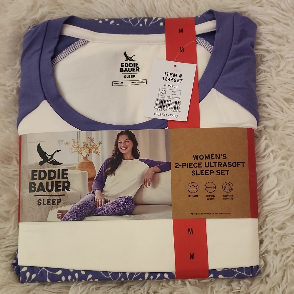 Eddie Bauer Pajama Sleep Set Purple And White Medium